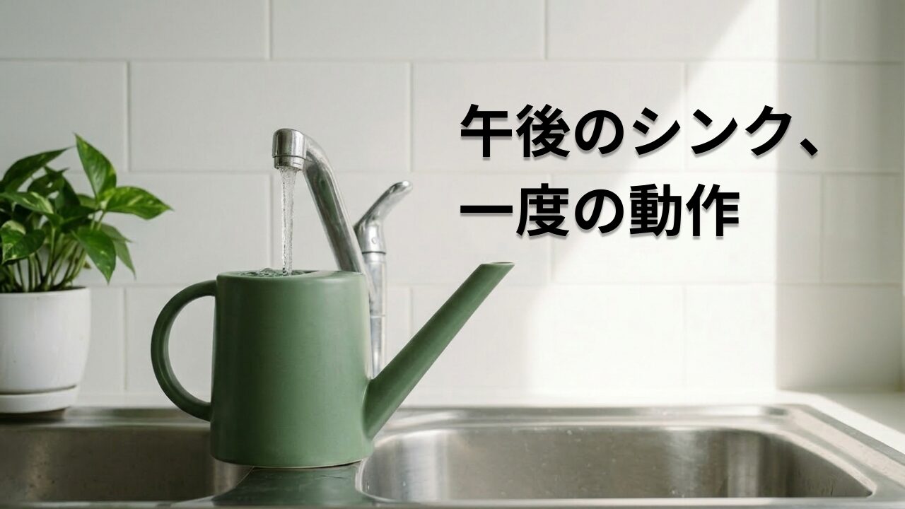プラスチック製のジョーロがキッチンのシンクに置かれ、蛇口から注ぎ口に水が注がれている。春の午後の光が窓から差し込んでいる。