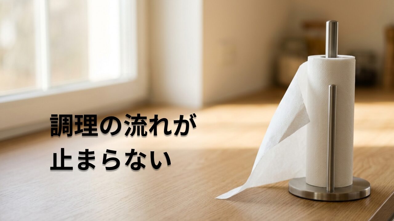 simplehuman ステンレス製キッチンペーパーホルダー、スタンドタイプ、作業台の端に設置された状態