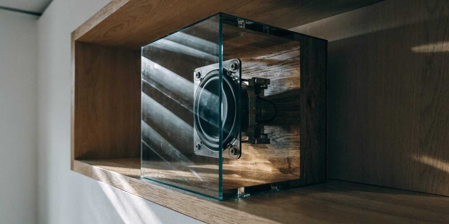 Small Transparent Speakerをリビングの棚に置いた状態。照明を反射する透明な筐体と内部構造が見えている。