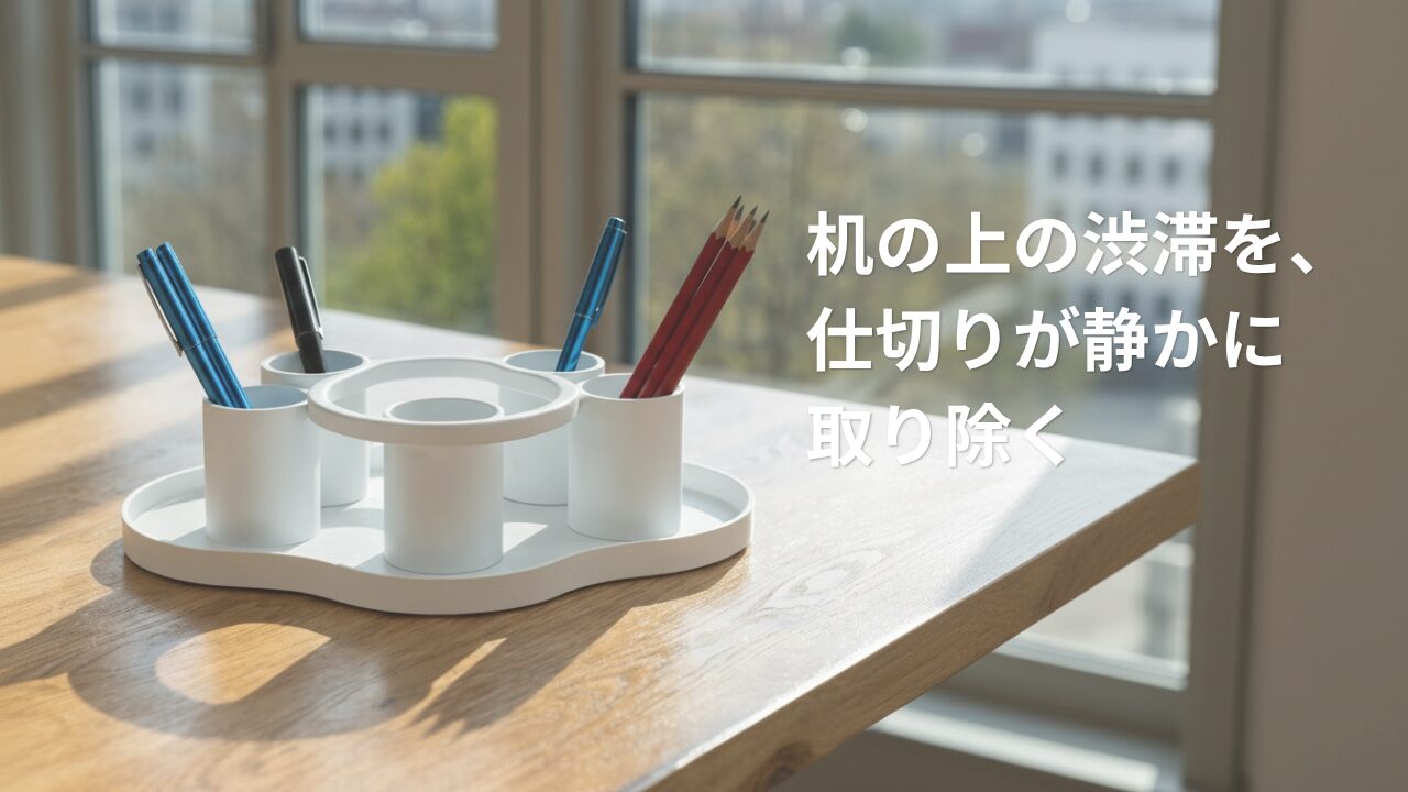 デスクオーガナイザーにペンと文具が収まった状態、春の昼の机の上