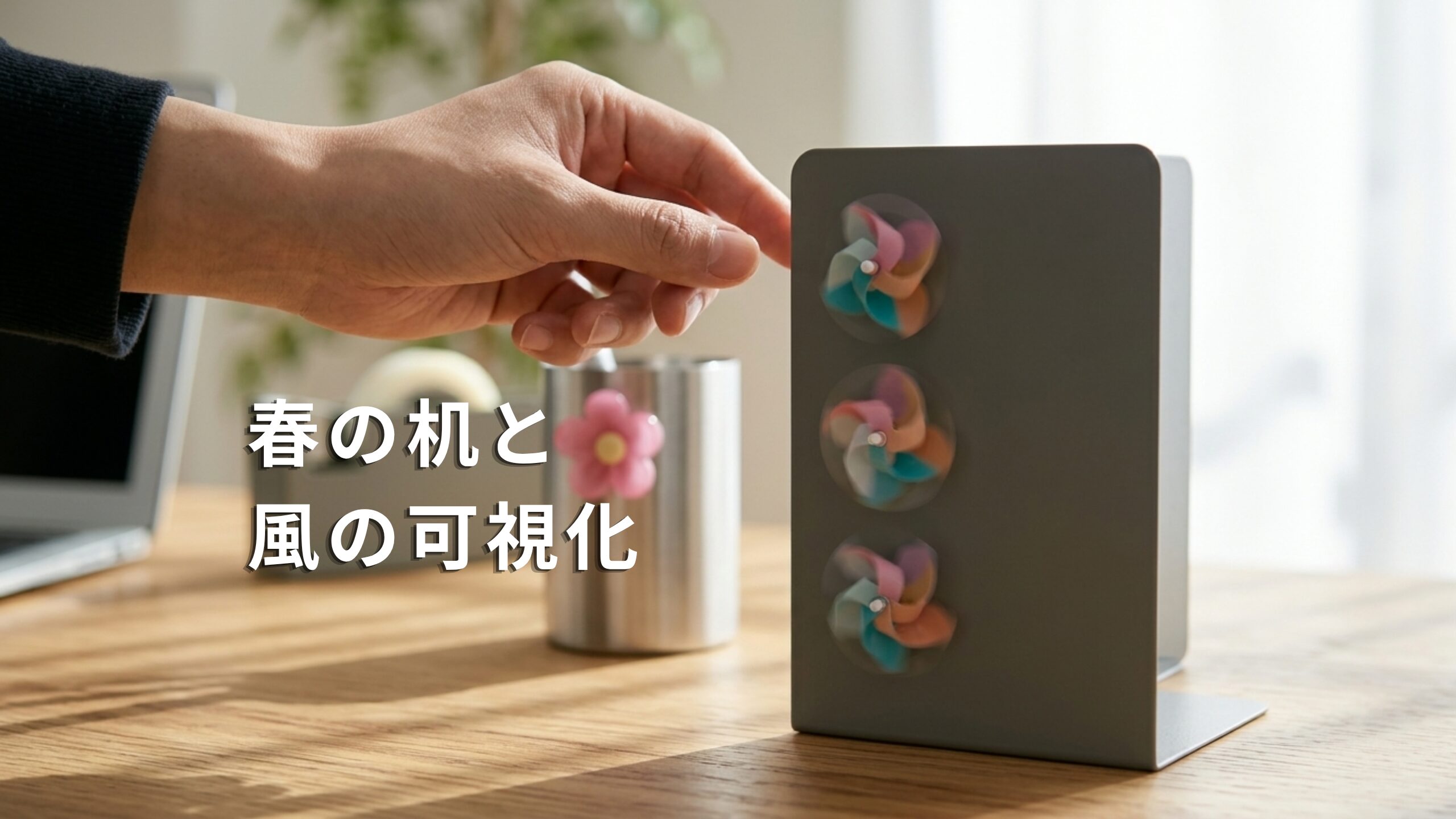 ブックエンドの側面に磁石で固定され、風を受けて回転している風車型のマグネット。