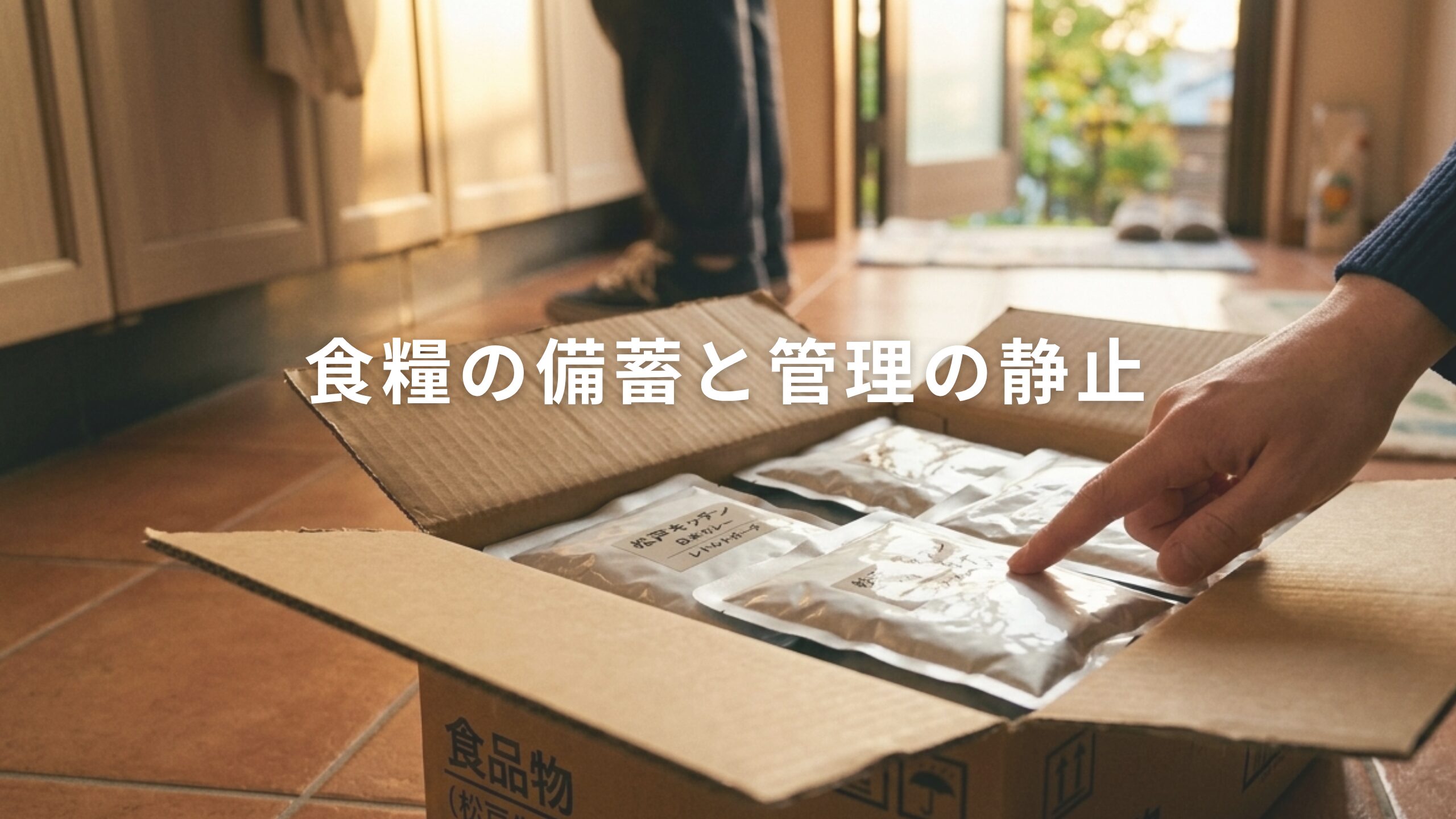キッチンの隅に置かれた段ボール箱と、その中に整理された非常食のアルミパウチ。