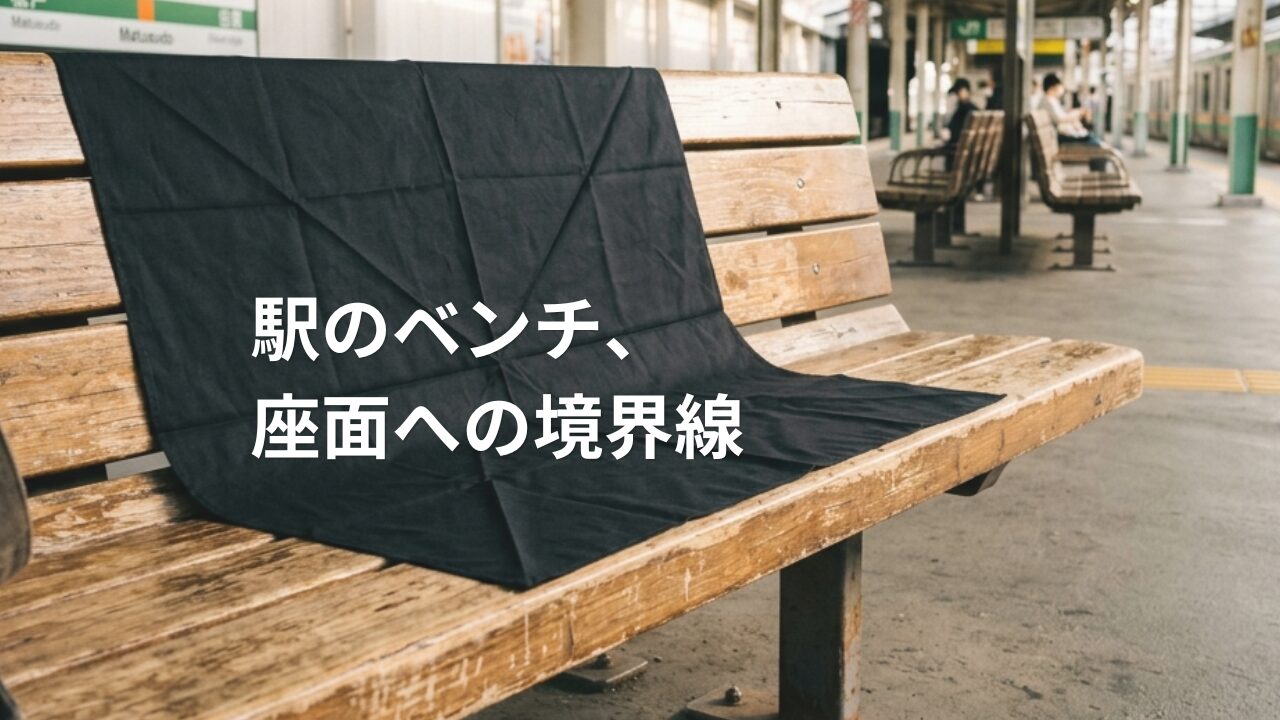 駅のベンチの上に広げられた、手のひらサイズのポーチから出された黒い布地のシート
