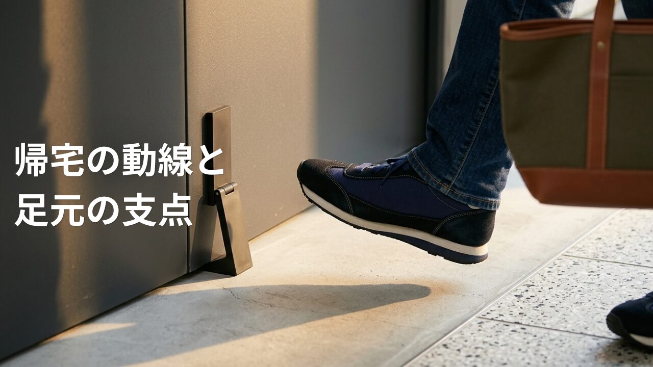 玄関ドアの低い位置に磁石で取り付けられた、黒いゴム製のドアストッパー。