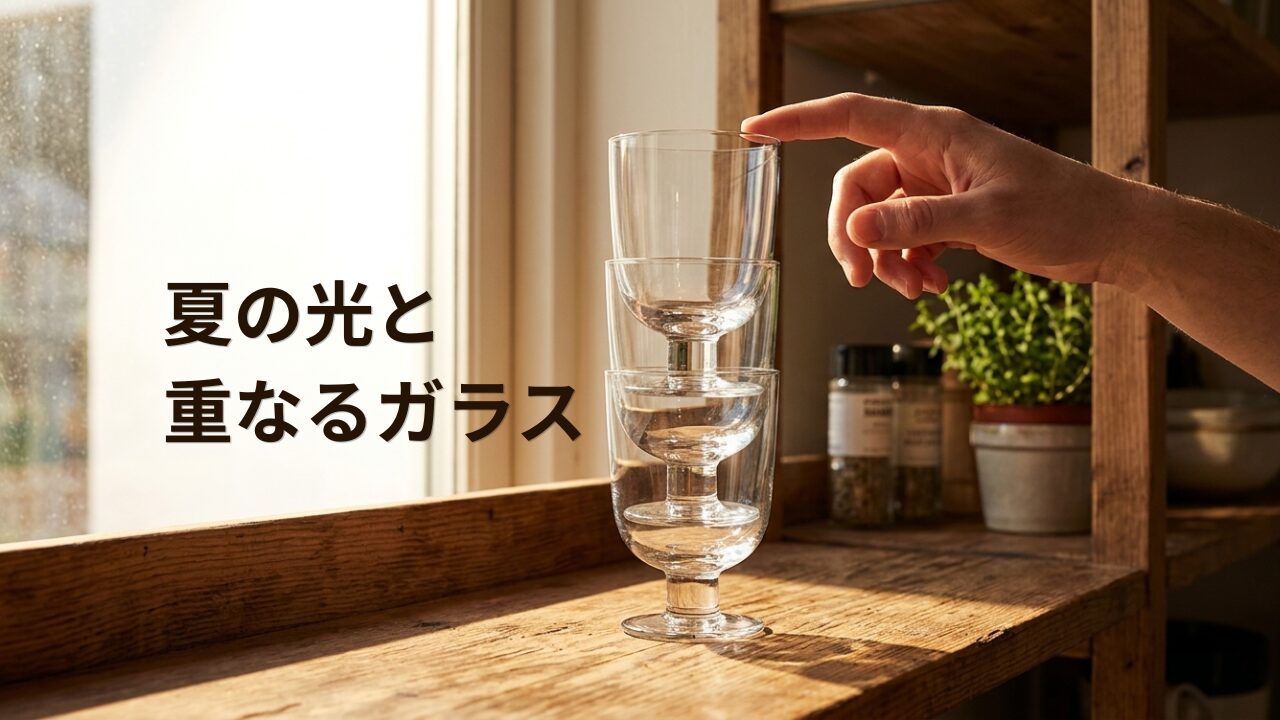 キッチンの棚で3段に積み重ねられた透明なステムグラス。