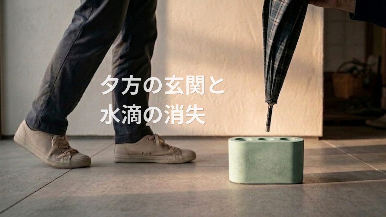 玄関の隅に置かれた長方形の珪藻土製傘立てと、そこに差し込まれる濡れた傘。