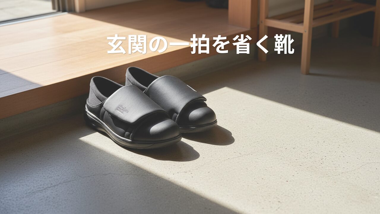玄関の框に置かれたMOONSTAR 810s HOSP、踵部分のストレッチ素材が内側に折れた状態