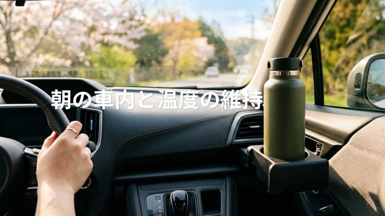 車内のドリンクホルダーに置かれたマットな質感の蓋付きマグボトル