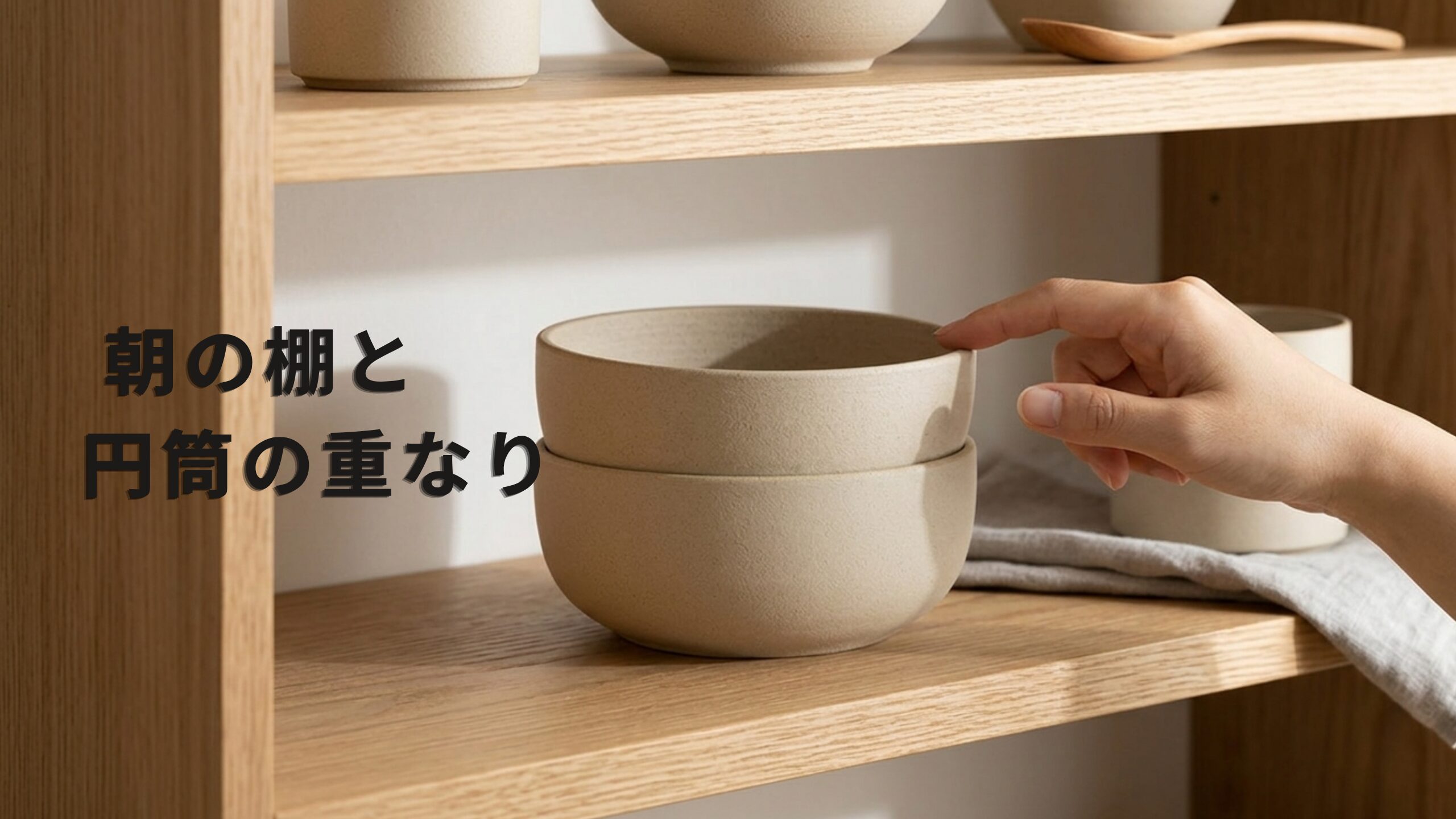 キッチンの棚に垂直に積み重ねられた、ベージュ色の磁器製ボウル
