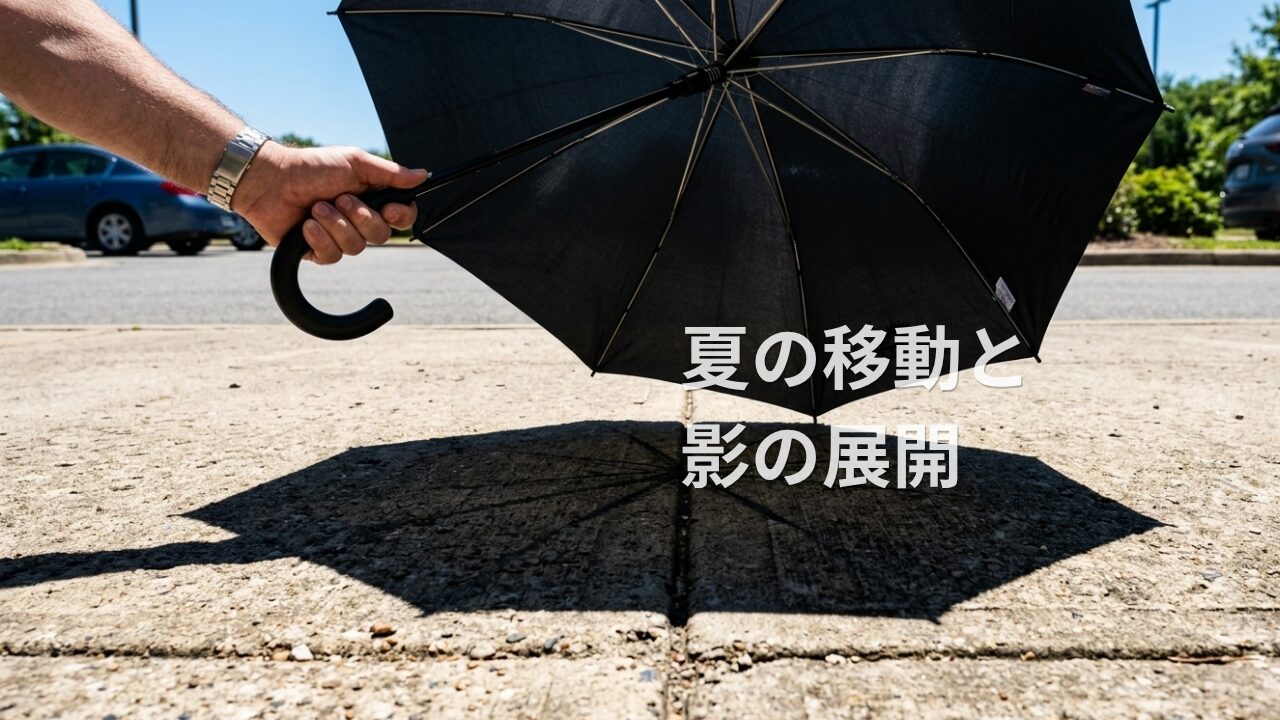 駅出口前の歩道で開かれ、コンクリートに円形の影を落としている黒い折りたたみ傘