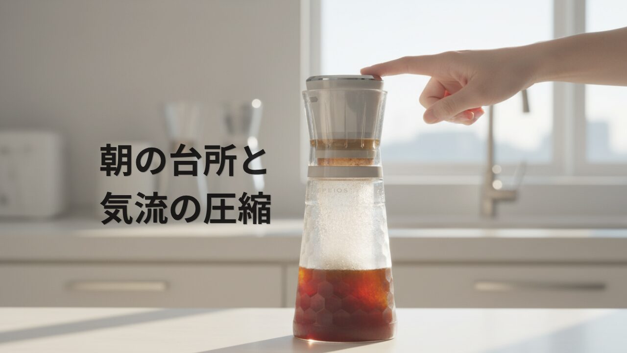 キッチンに置かれ、内部で気泡が昇っている透明な樹脂製のコールドブリューメーカー。