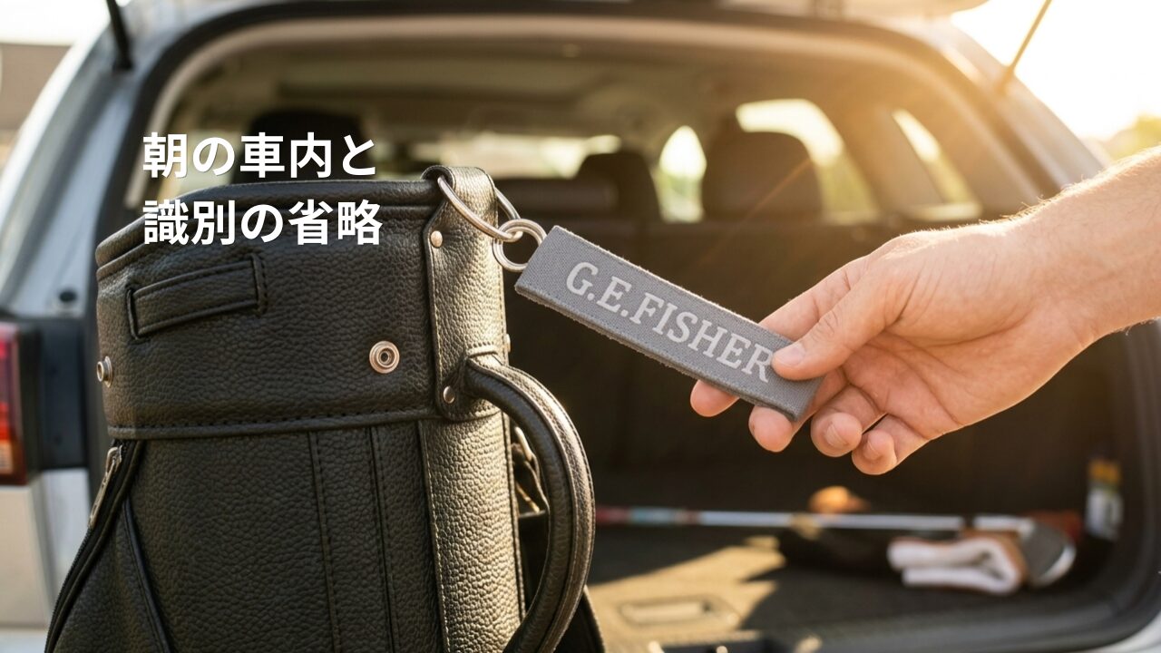 キャディバッグのハンドルに取り付けられた、「G.E.FISHER」と名前が刺繍されたグレーの布製ネームタグ。