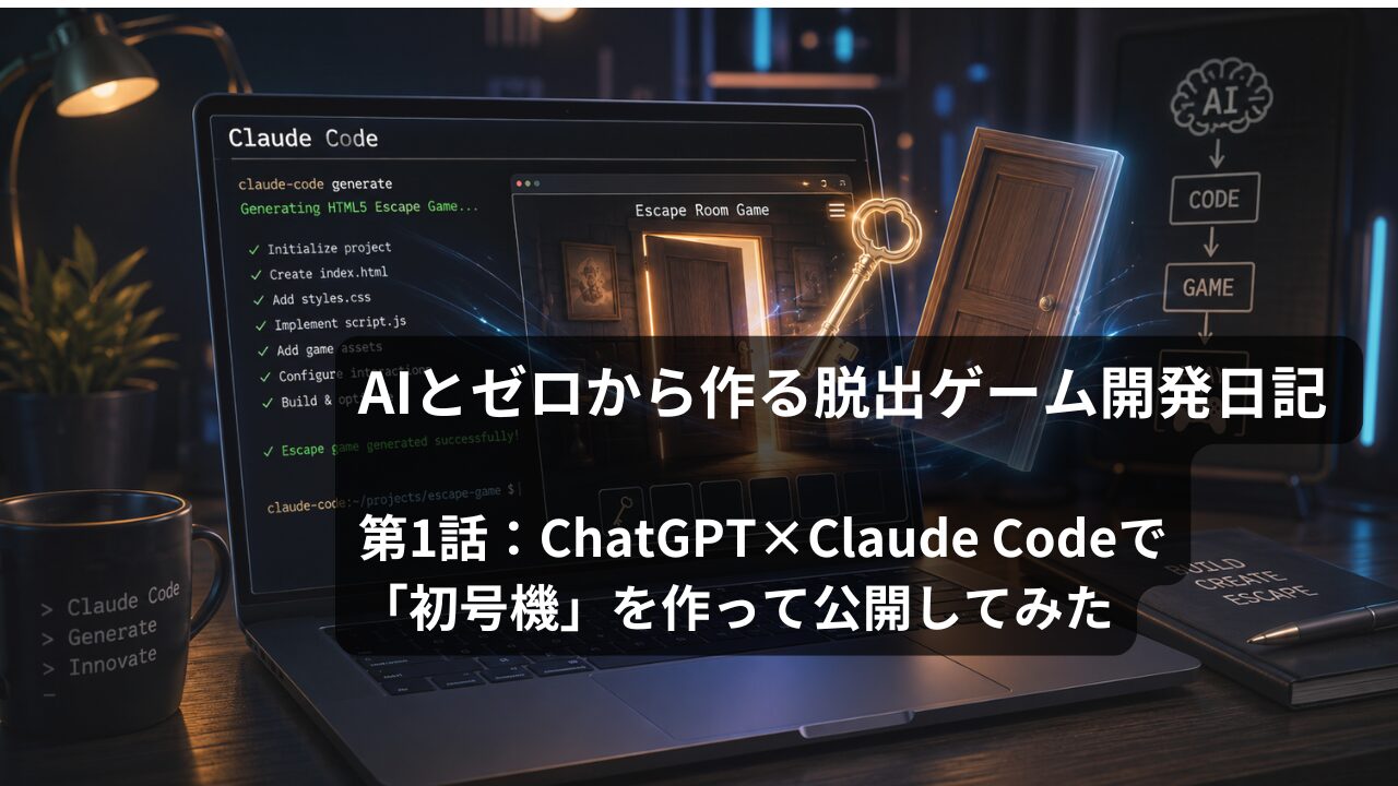ノートPCで脱出ゲームを開発している様子を描いたイラスト。画面には部屋の一室と鍵のアイコンが表示されている。
