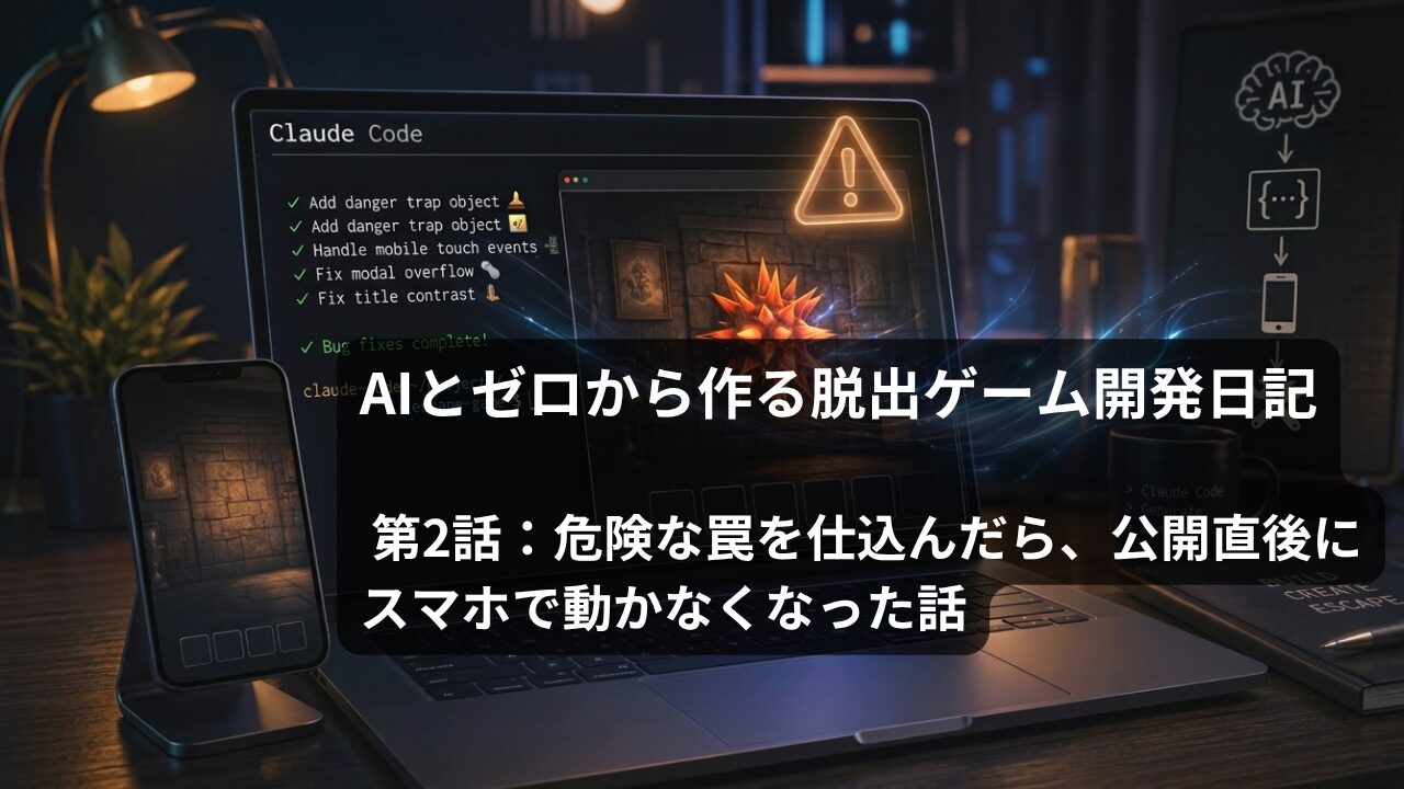 Claude Codeのターミナル画面とスマホに、警告色に光るトゲトゲした罠と警告マークが表示されている開発デスクのイメージ画像。
