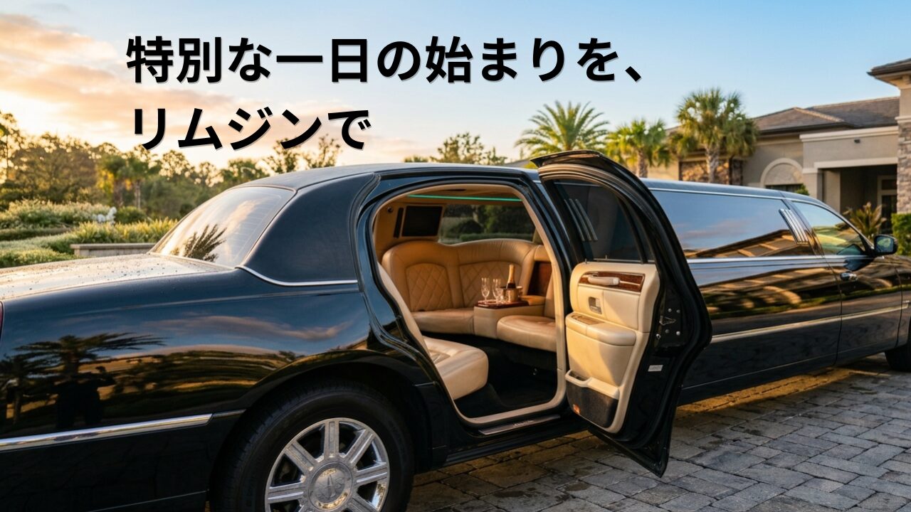 朝の光の中、ドアが開いたMaikai Hawaii Toursのストレッチリムジン。