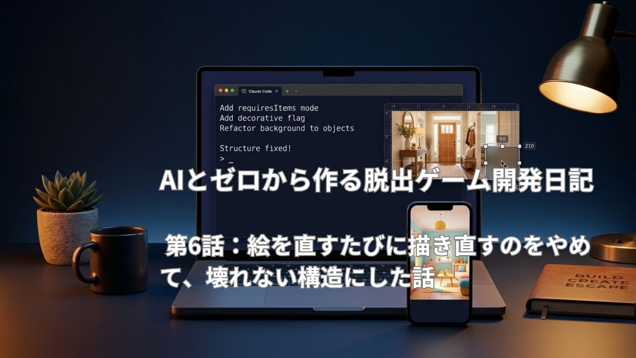 Claude Codeのターミナル画面と、グリッドが重なった玄関の背景、座標を持つ窓のアイコンが浮かぶ様子を描いたデスクのイメージ画像。
