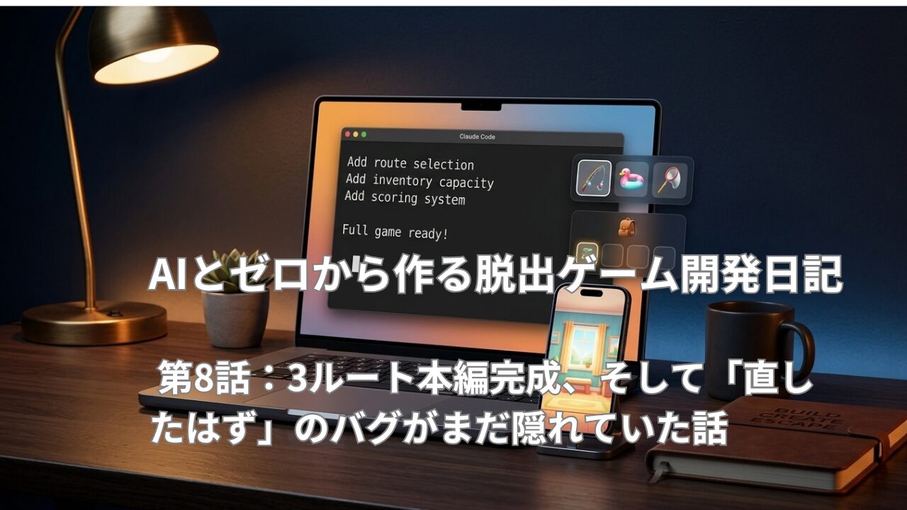 Claude Codeのターミナル画面と、3つの行き先を選ぶ画面、3スロットのリュックアイコンが並ぶデスクのイメージ画像。