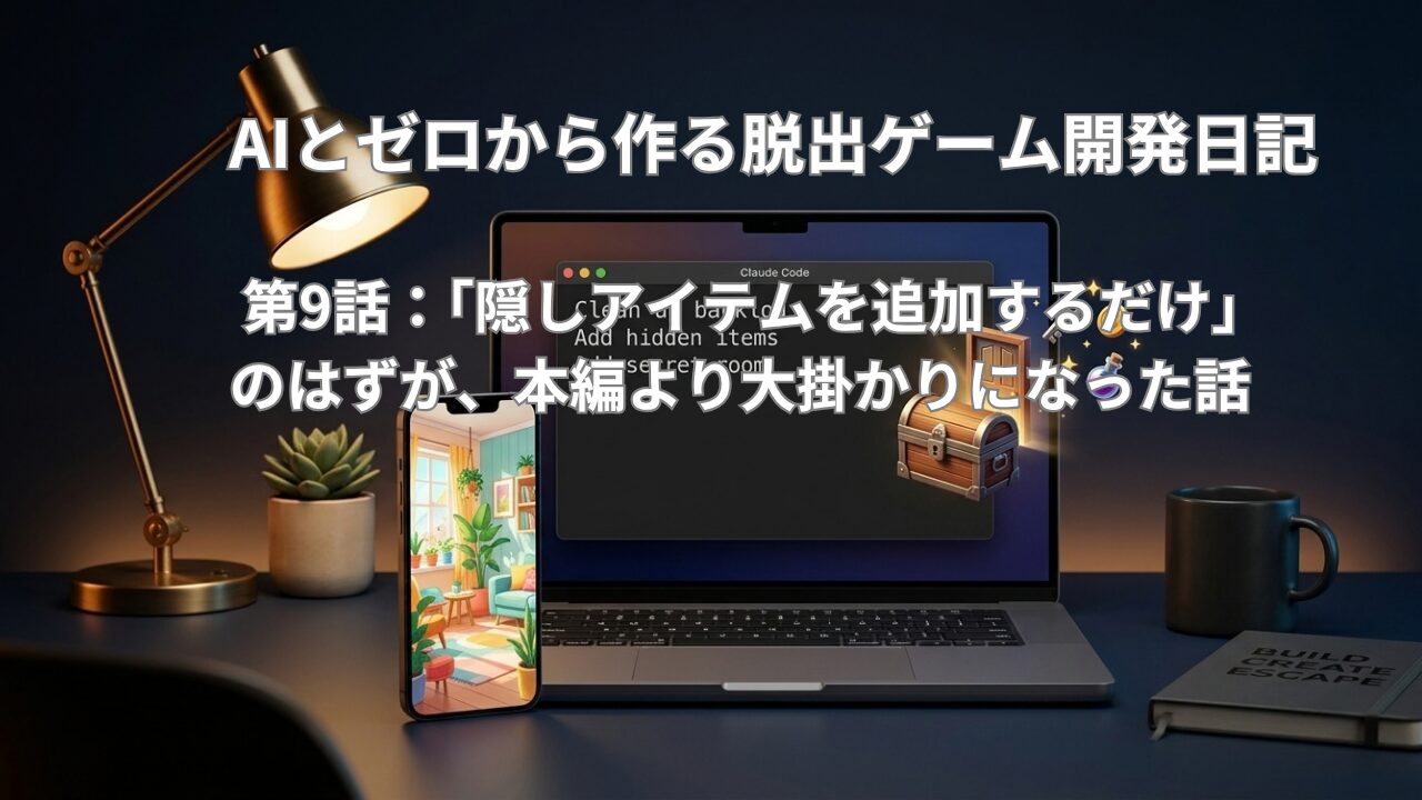 Claude Codeのターミナル画面と、おもちゃ箱から現れる隠し扉、星付きの小物アイコンが並ぶデスクのイメージ画像。