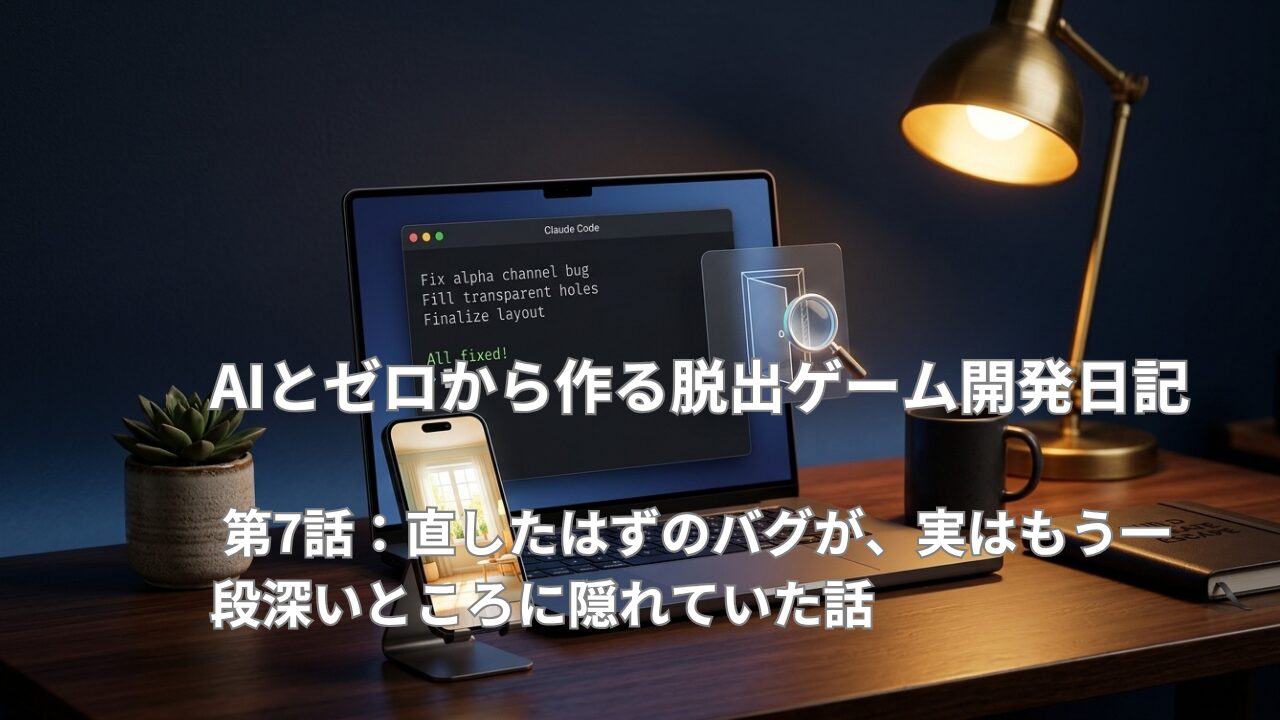 Claude Codeのターミナル画面と、輪郭線だけ残って中身が透けたドアの画像を虫眼鏡で調べる様子を描いたデスクのイメージ画像。