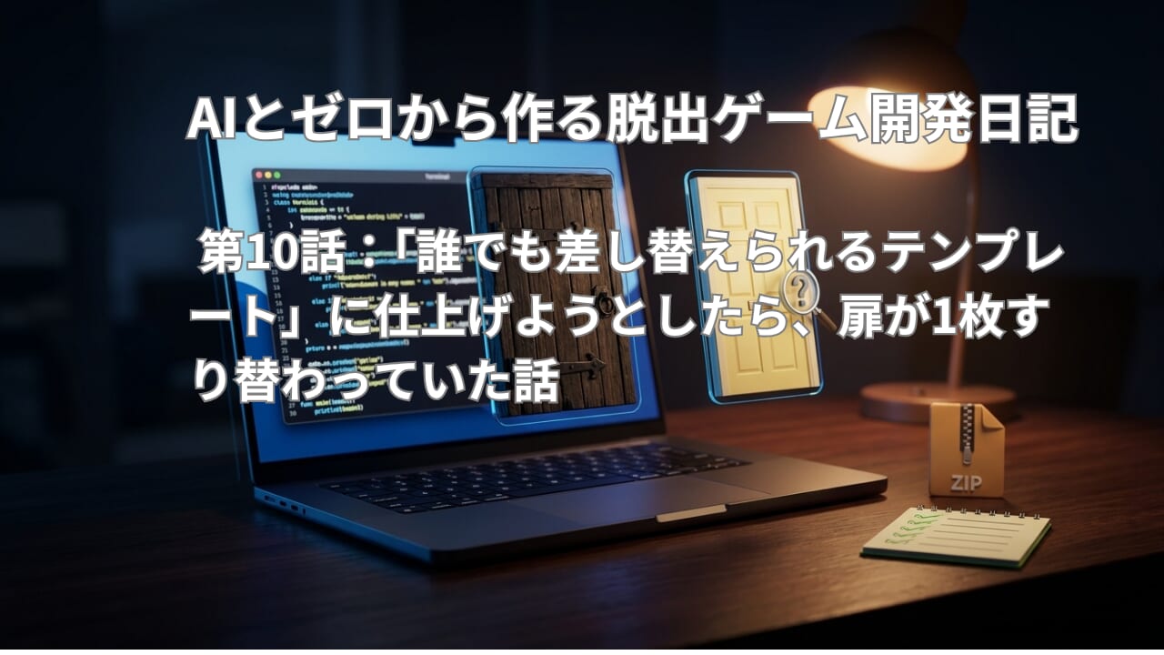 Claude Codeのターミナル画面の前に、暗い木の扉と明るい玄関扉のアイコンが並び、玄関扉に虫眼鏡が重なっている開発デスクのイメージ画像。
