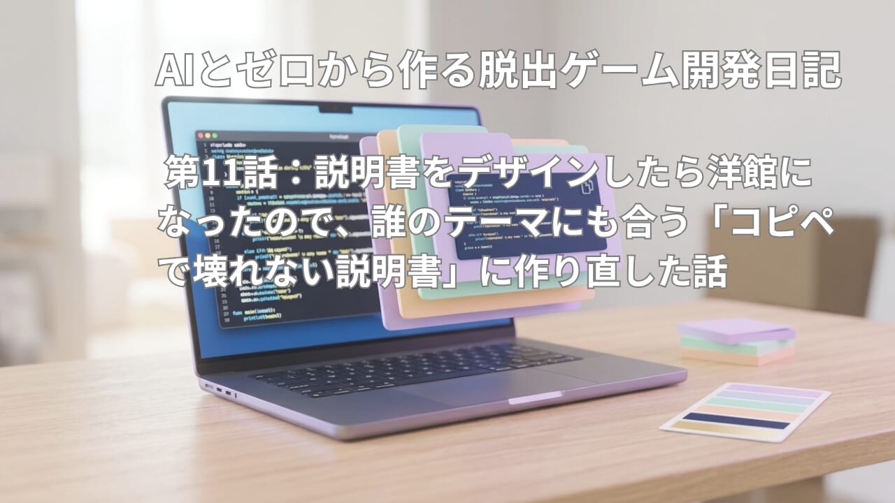 Claude Codeのターミナル画面の前に、パステル色のカードが重なった説明書のページが浮かび、デスクに色見本と付箋が並んでいる開発デスクのイメージ画像。